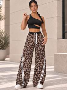 Celana Panjang Wanita Motif Leopard Kaki Lebar dengan Tali Serut dan Garis Putih Dua Sisi, Celana Kasual Longgar - Coklat - View 10