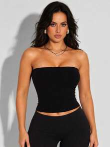 Women's Black Sexy Strapless Top, Basic Camisole Inner Layer For Autumn Outfits - Black - View 8
