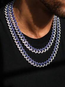 Men's Rhinestone Diamond Rhombus Cuban Link Necklace, Dual-Color Blue & Transparent Hip Hop Chain, Gold/Silver Exaggerated Rapper Jewelry, Suitable For Party & Daily Wear - Two-tone Diamond Cuban Link Chain - View 7