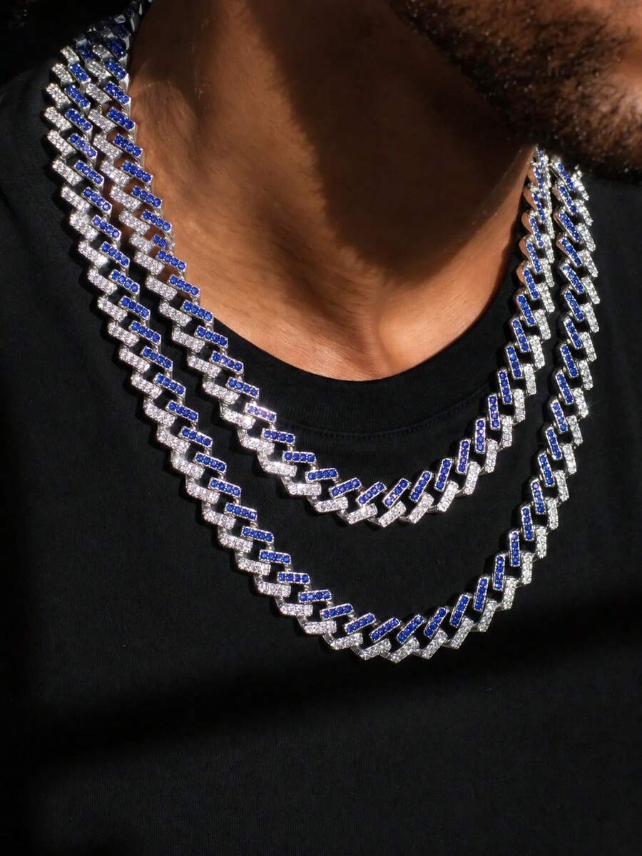 Men's Rhinestone Diamond Rhombus Cuban Link Necklace, Dual-Color Blue & Transparent Hip Hop Chain, Gold/Silver Exaggerated Rapper Jewelry, Suitable For Party & Daily Wear - Two-tone Diamond Cuban Link Chain - View 1