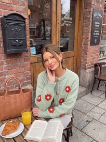 Women's Sweet Floral Plush Knit Cardigan, Button Sweater Top, Suitable For Halloween, Thanksgiving And Christmas Dates - Green - View 3