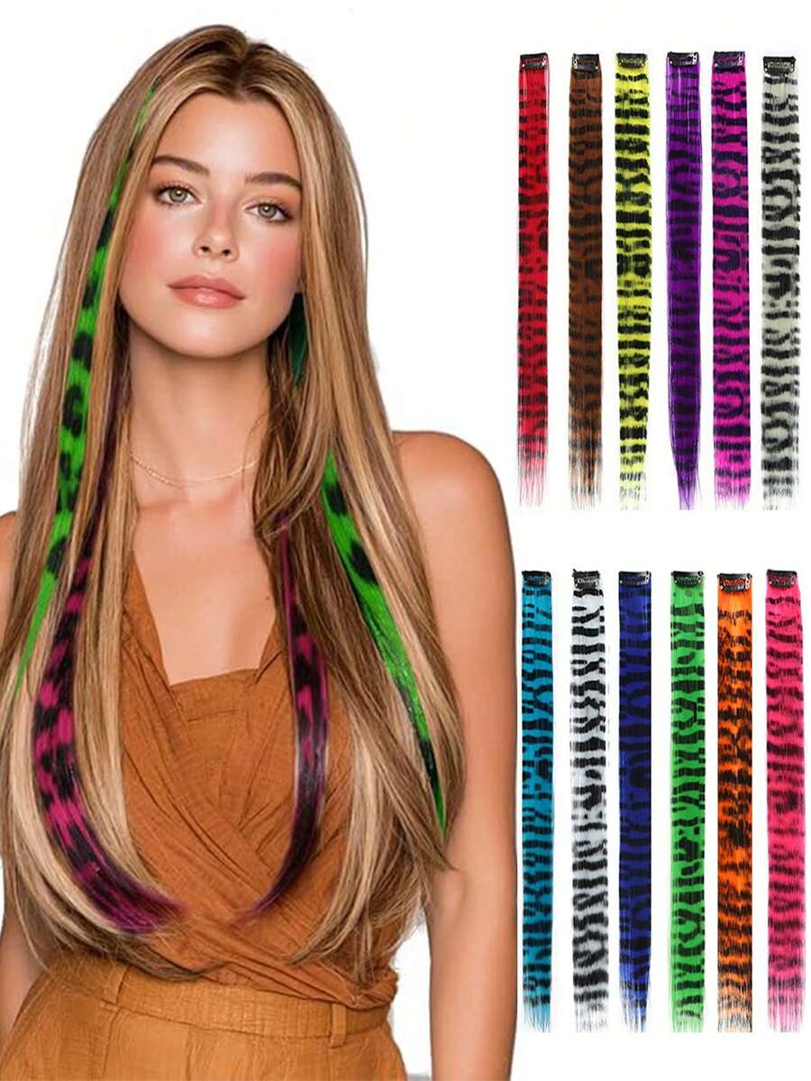 1pc Leopard & Striped Hair Extensions, Colorful Long Straight Clip-In Hair Pieces, Suitable For Women & Girls Daily Wear, Party, Halloween, Festival