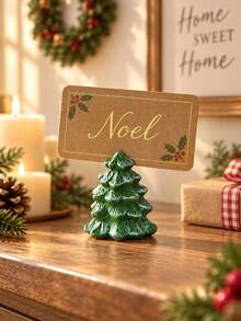 1pc Green Christmas Tree Pattern Desktop Place Card Holder Ornament, Fresh Vintage Holiday Style Mini Tree-Shaped Business Card Holder, Christmas Tree Layered Branch Design With White Carved Pillar Base And Top Card Slot Detail, Can Hold Name Cards, Table Number Cards, Seat Cards, Menu Cards, Notes, Photos, Message Cards, Combines Desktop Decoration, Place Card Display And Holiday Table Atmosphere Creation Functions, Suitable For Christmas, New Year, Family Dinner, Wedding Banquet - Style 1 - View 9