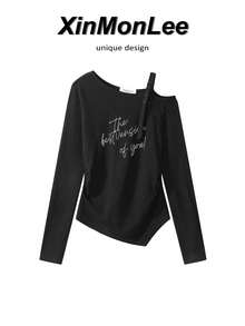 Design-Focused Ruched Waist Letter Print Asymmetric Neckline Knit T-Shirt, Unique Elegant Casual Travel Vacation - Black - View 1