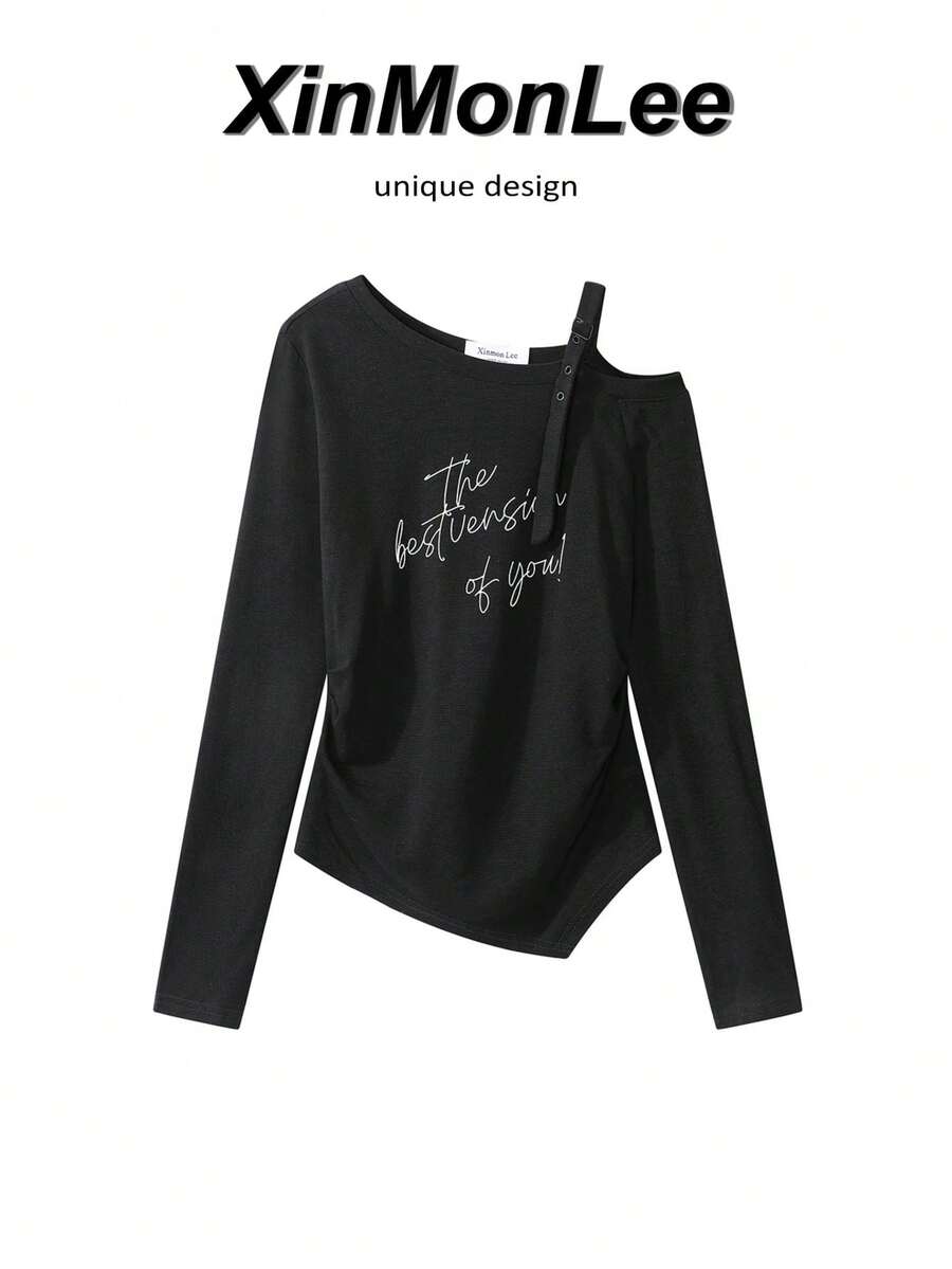 Design-Focused Ruched Waist Letter Print Asymmetric Neckline Knit T-Shirt, Unique Elegant Casual Travel Vacation - Black - View 1