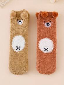 2 Pairs Women's Autumn/Winter Coral Fleece Cute 3D Cartoon Animal Embroidered Thickened Warm Comfortable Mid-Calf Sleep Socks - Multicolor - View 1
