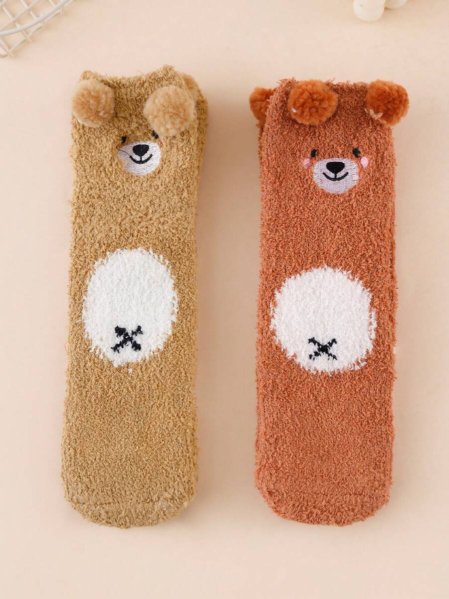 2 Pairs Women's Autumn/Winter Coral Fleece Cute 3D Cartoon Animal Embroidered Thickened Warm Comfortable Mid-Calf Sleep Socks - Multicolor - View 1