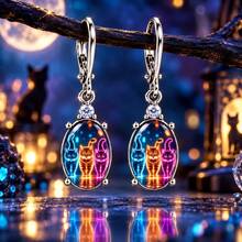 Neon Glowing Cat Oval Dangle Earrings, Colorful Luminous Cat Pattern Women's Earrings, Versatile Daily And Party Accessory - Multicolor - View 2