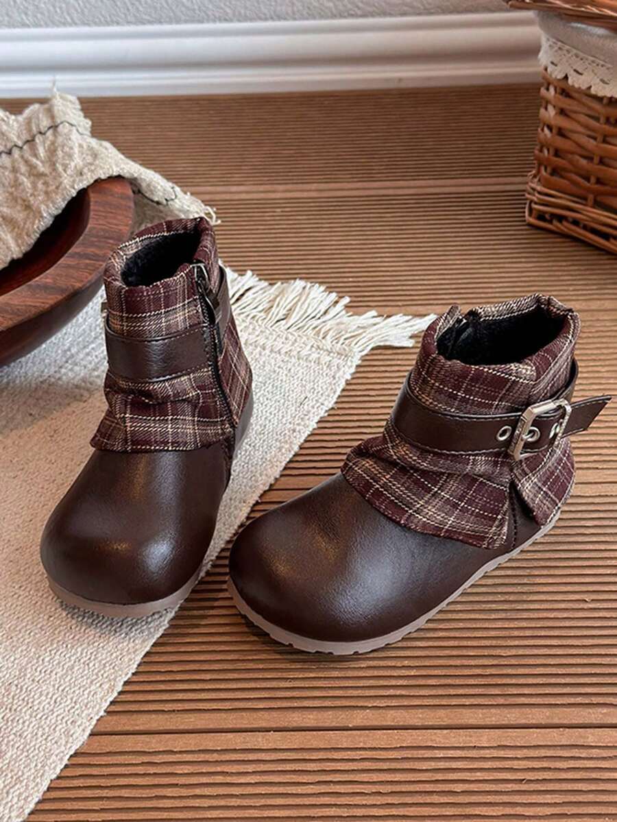 Girls' Plaid Patchwork Ankle Boots With Buckle Side Zipper, Thermal ...