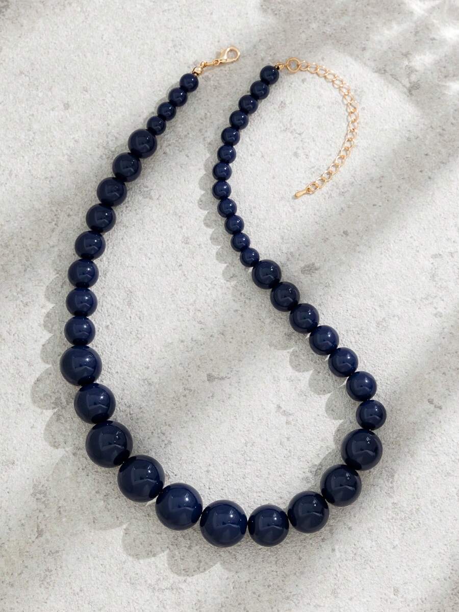 1件經典復古壓克力圓珠項鍊,女士純色串珠頸鍊飾品,適合日常穿著與派對 - 藏青 - 查看 1