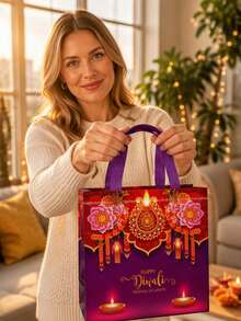 Diwali Gift Bags Happy Deepavali Festival Of Lights Printed Tote Bags With Handles Multicolor Diya Floral Design Party Favor Bags For Holiday Gift Wrapping Candy Treat Storage(4/12/20PCS) - Multicolor - View 7