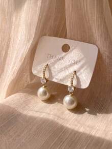1 Pair French Vintage Pearl Earrings For Women, Luxury Sparkling Zirconia Pendant Earrings, Elegant And Gentle Style, Versatile Jewelry For Daily Commute, Evening Party And Date - White - View 4