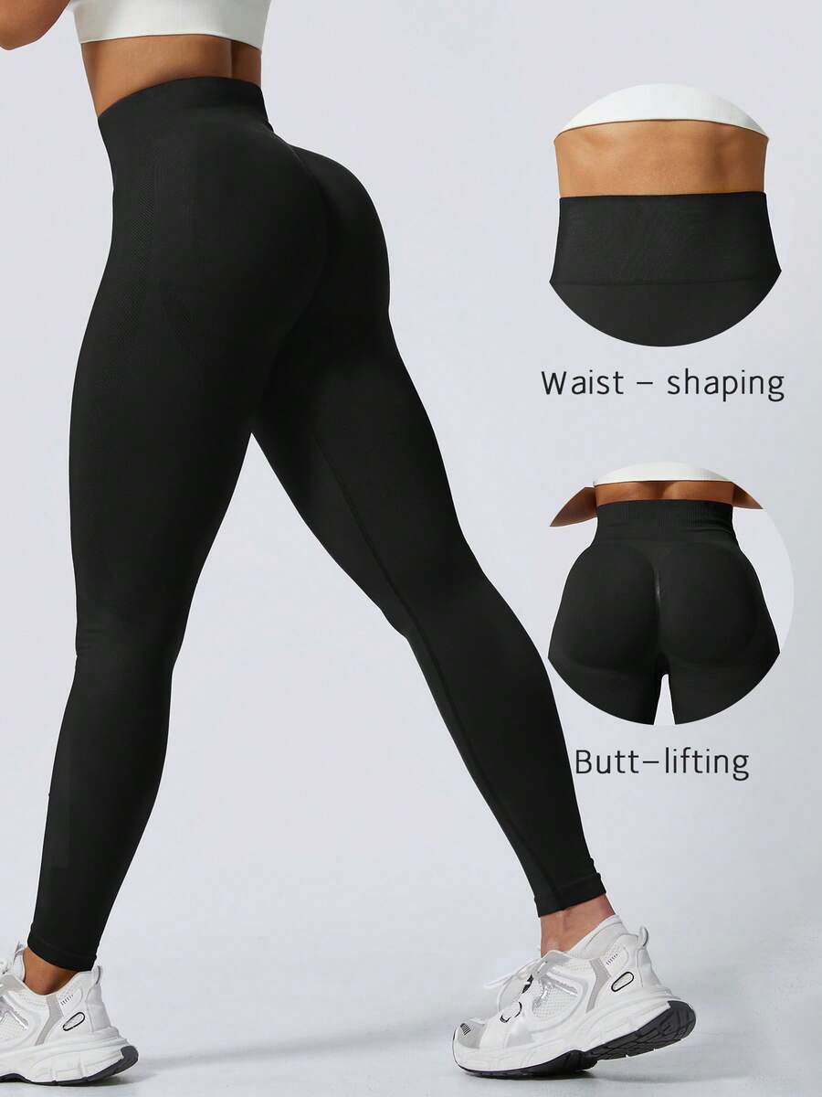 Legging Hitam Tanpa Jahitan Pinggang Tinggi Musim Gugur/Dingin, Bergaris Pengangkat Bokong, Set Olahraga Kebugaran Lari Bersepeda untuk Wanita - Hitam - View 1