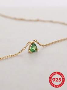 1pc S925 Sterling Silver Emerald Green Cubic Zirconia Mini Triangle Necklace, Minimalist Cold Style, Low-Key Elegant, Light Luxury, Classic Elegant, Niche Exquisite Personalized Jewelry, Suitable For Holiday, Party, Gift, Daily, Casual, Commute, Vacation - Triangle - View 3
