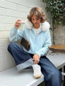 Chic Women Cardigan In A Soft Pastel Blue Shade Complete With A Fuzzy Hood, Full Front Zipper, And Regular Length Designed For Fall And Winter Clothes - Baby Blue - View 1
