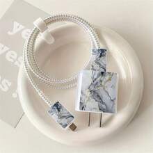 5pcs 2D Flat Design Gold Texture Phone Charger Protection Set, Charger Head Cover + Cable Protector + Storage Rope + Data Cable Protection Rope Wrap, Compatible With Iphone 20W/18W Charger - Multicolor - View 1