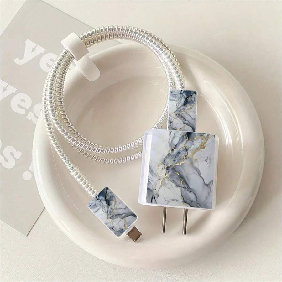 5pcs 2D Flat Design Gold Texture Phone Charger Protection Set, Charger Head Cover + Cable Protector + Storage Rope + Data Cable Protection Rope Wrap, Compatible With Iphone 20W/18W Charger - Multicolor - View 1