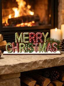 "Merry Christmas" Gingerbread Texture Decorative Sign, Classic Red & Green Christmas Color Scheme With Sweet White Frosting, Suitable For Christmas Home Decor, Tabletop Display Or Scene Arrangement, Conveying Holiday Joy And Blessings - one-size - View 7
