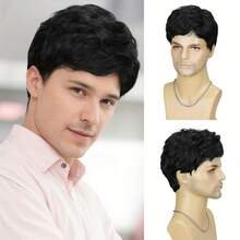 Men's Full Head Wig, Synthetic Fiber, Machine Made, Short Curly Hair, Business Style, For European And American Men - Black - View 3