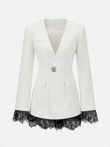 Women's Elegant Fashion V-Neck Lace Blazer, Autumn/Winter Long Sleeve Top, Suitable For Daily Wear, Party Looks, Airport Outfits, Commuting And Date Occasions. Gold Button Details, Halloween, Christmas, New Year Outfits - Apricot - View 7