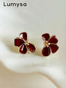1 Pair Minimalist Oil Drop Flower Stud Earrings Suitable For Women's Daily Wear And Gatherings - Burgundy - View 1