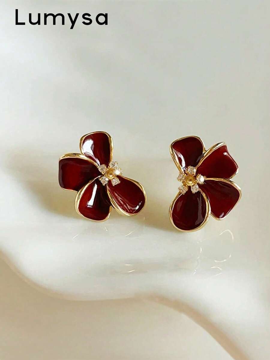 1 Pair Minimalist Oil Drop Flower Stud Earrings Suitable For Women's Daily Wear And Gatherings - Burgundy - View 1
