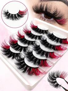 5 Pairs Red Fluffy Faux Mink False Eyelashes, Colorful Tips, 20mm Exaggerated Long Voluminous Cat Eye Fox Eye Lashes, Full Curly Colorful Faux Mink Long False Eyelashes, Russian Strip D Curl Lashes, Suitable For Christmas - Multicolor - View 2