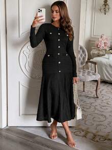 Unadoll Women's Autumn Black Tweed Mid-Length Dress, Long Sleeve Front Button Fishtail Knit Dress, Elegant Summer Style - Black - View 1