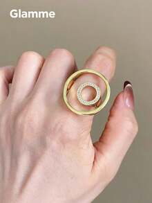 1pc Modern Metal Concentric Circle Ring, Women's Fashion Versatile Commute Geometric Hollow Open Index Finger Ring, Light Luxury - Gold - View 9