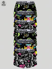 Morvia Y2K Street Graffiti 6‑Pack Mid‑Rise Boyshort Panties, All‑Over Sublimation Print Elastic Waist Casual Daily Loungewear Underwear For Women - Multicolor - View 1