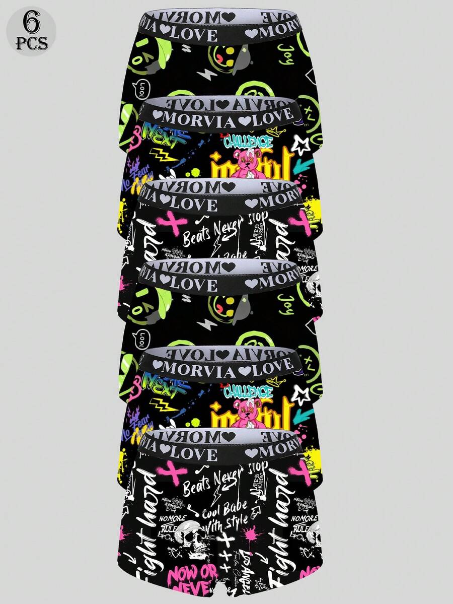 Morvia Y2K Street Graffiti 6‑Pack Mid‑Rise Boyshort Panties, All‑Over Sublimation Print Elastic Waist Casual Daily Loungewear Underwear For Women - Multicolor - View 1