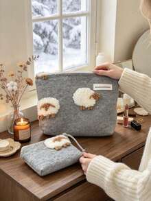 3pcs Lamb Wool Makeup Bag Cosmetic Storage Pouch Inner Lining Bag Red Portable Large Capacity Handbag - Multicolor - View 7