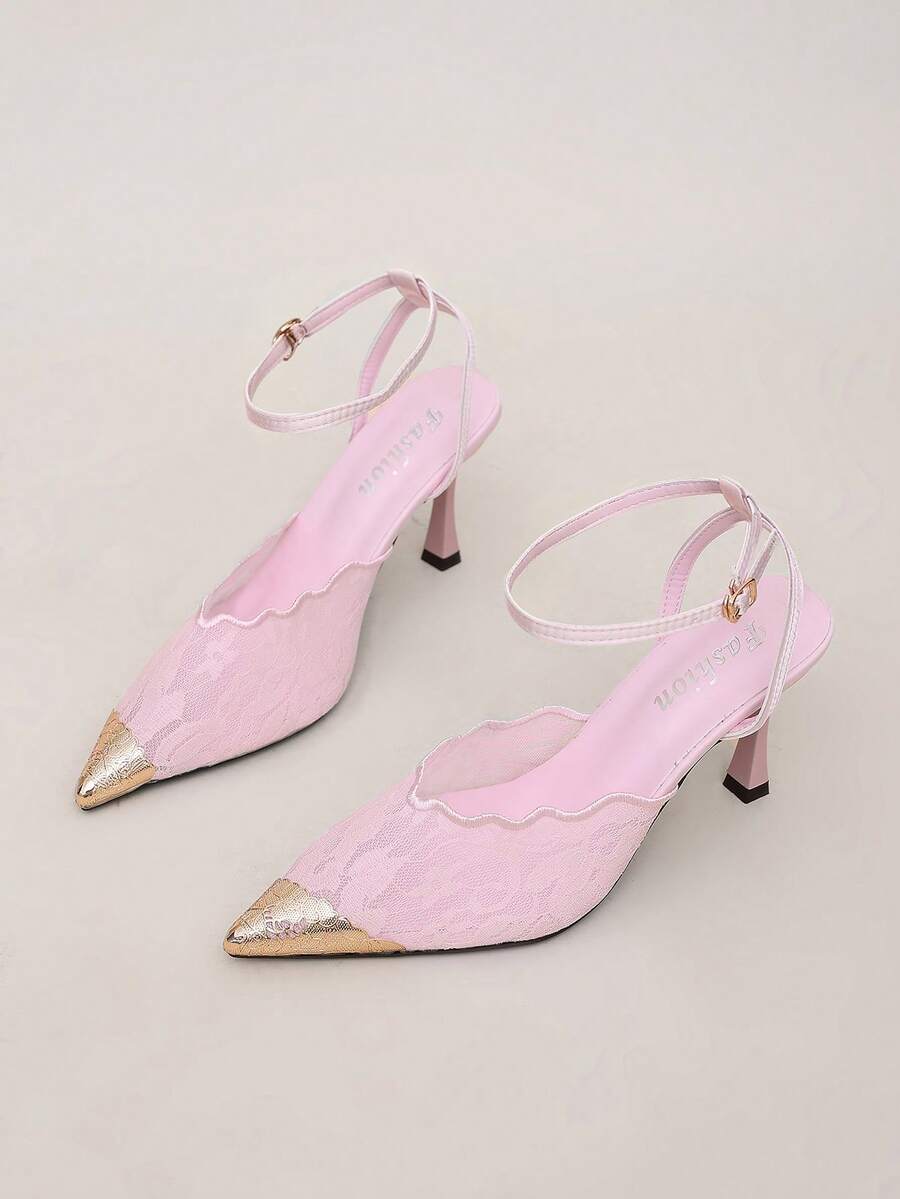 Women's Gold Toe Cap Elegant Lace Ankle Strap High Heel Pointed Toe Stiletto Sandals For Wedding, Prom, Evening Party - Pink - View 1