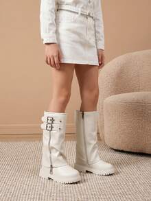 Girls' Minimalist Metal Double-Row Buckle Decor Side Zipper Ruched White Long Boots, Suitable For Outings And Photos - White - View 1