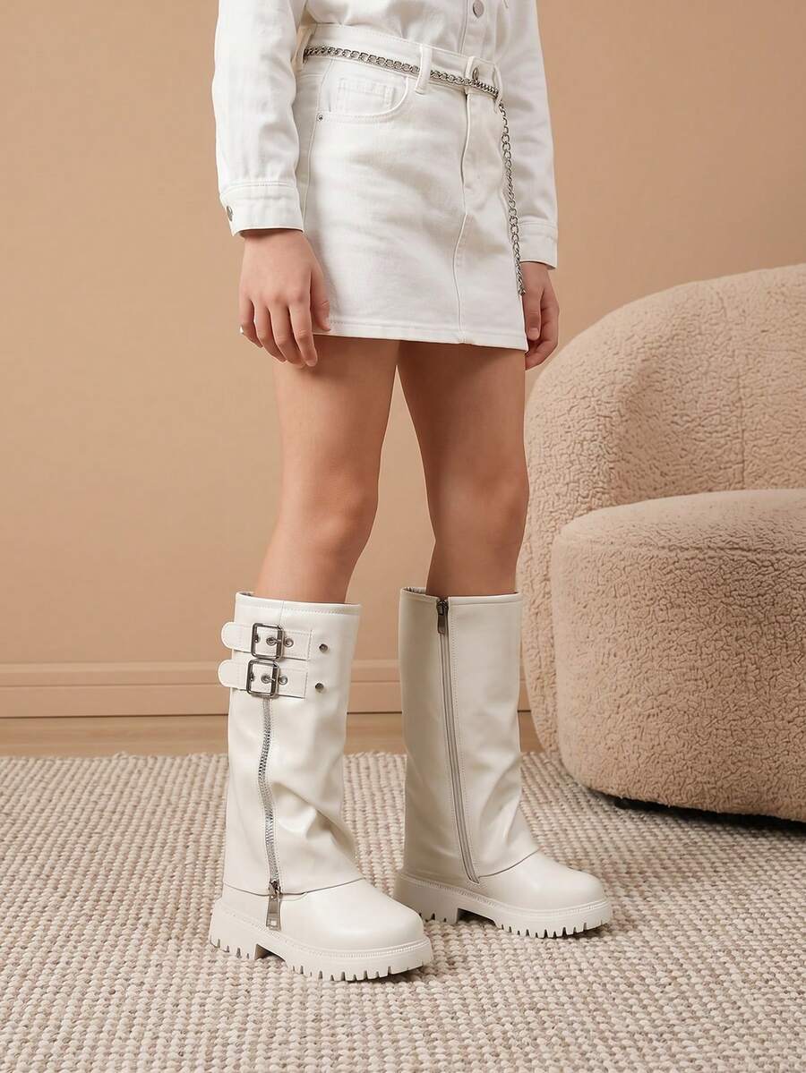 Girls' Minimalist Metal Double-Row Buckle Decor Side Zipper Ruched White Long Boots, Suitable For Outings And Photos - White - View 1