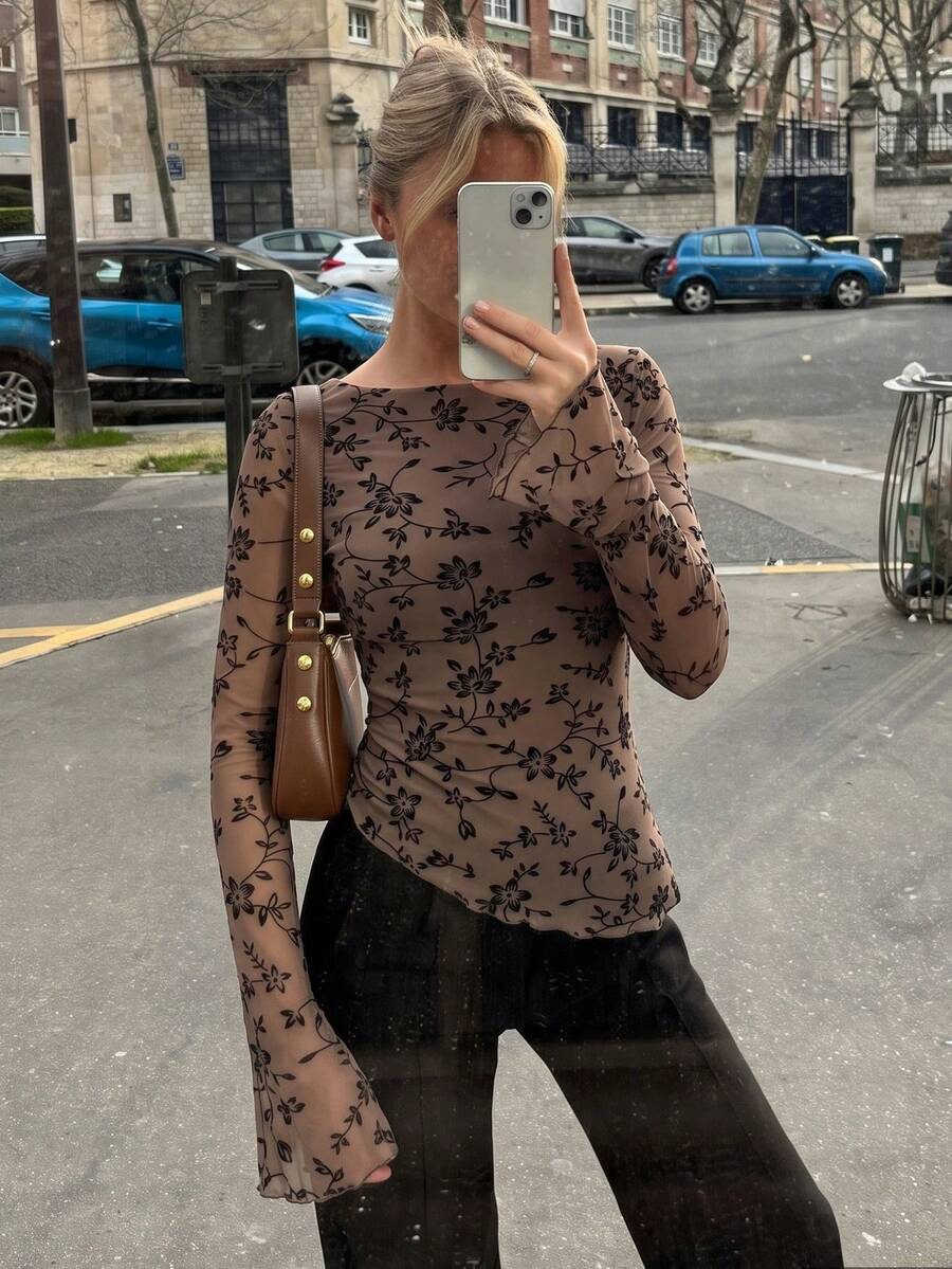 Women's Knitted Printed Long Sleeve Top - Brown - View 1