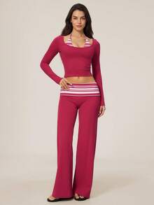 TimeOff Setelan Satu Set Wanita Musim Gugur/Dingin Garis-garis 2 In 1 Patchwork Lengan Panjang Pinggang Lipat Celana Panjang Kaki Lebar - Red Violet - View 8