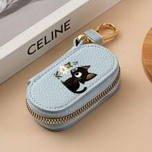Dompet Kunci Wanita Kulit Bertekstur Leci, Tas Kunci Mini Portabel dengan Resleting Motif Kucing Lucu - MultiWarna - View 6