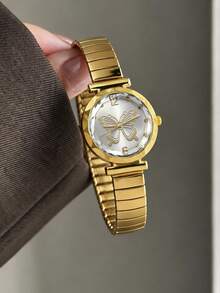 1pc Women's Quartz Wristwatch, Retro Casual Business Minimalist Style, Elastic Strap Butterfly Head For Daily Wear, Holiday Gift Selection - Gold - View 3