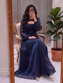 Romantic Women's Long Metallic Knit Keyhole Neckline Backless Maxi Dress, Flared Hem, Elegant Waist, Suitable For Special Occasions, Balls And Parties - Royal Blue - View 6