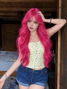alicegarden 32 Inch Long Synthetic Wig, Natural Wavy Curls, Stunning Rose Red, With Bangs, Suitable For Women's Daily, Party, Cosplay Use, Natural And Durable Wig Gift - Hot Pink - View 1