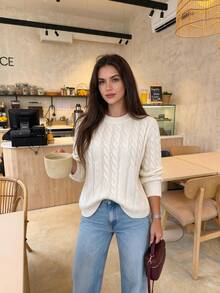 Just Masa Women's Autumn Casual Cable Knit Bell Sleeve Pullover Sweater, Loose Fit Solid Color Round Neck Ribbed Rajut Top, Suitable For Daily Wear, Outing, Commuting - Aprikot muda - View 3