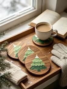 1/4/6pcs Christmas Tree Pattern Wooden Coasters - Round Wooden Drink Coasters With Hand-Painted Christmas Tree Design; Heat-Resistant And Absorbent, Suitable For Coffee Cups, Tea Cups; Perfect For Winter Holiday Table Decor; Ideal Christmas Housewarming Gift For Home Kitchen, Dining Table Or Bar. - A - View 10