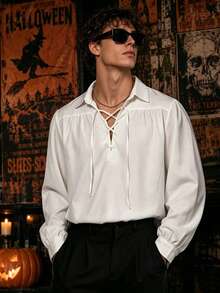 WAIT HIM Men's Vintage Lace-Up Puff Sleeve Shirt, Renaissance Style Loose White Casual Top, Suitable For Cosplay And Daily Wear - White - View 2