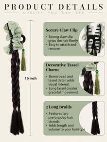 1pc 16 Inch Bohemian Tassel Braid Hair Claw, Vintage Ruffle Flower Braided Ponytail Hair Clip For Party & Daily Styling - Multicolor - View 2