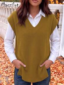 Plus Size Women Plus Size Pullover Sweater, Casual Comfortable V-Neck Sleeveless Knit Top - Ginger - View 6