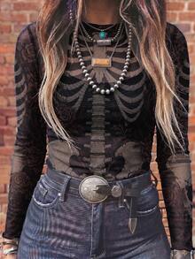 Skeleton Dark Rose Floral Sheer Mesh Long Sleeve Top, Western Cowgirl Slim Fit Crew Neck See Through Rodeo Tee - Multicolor - View 1