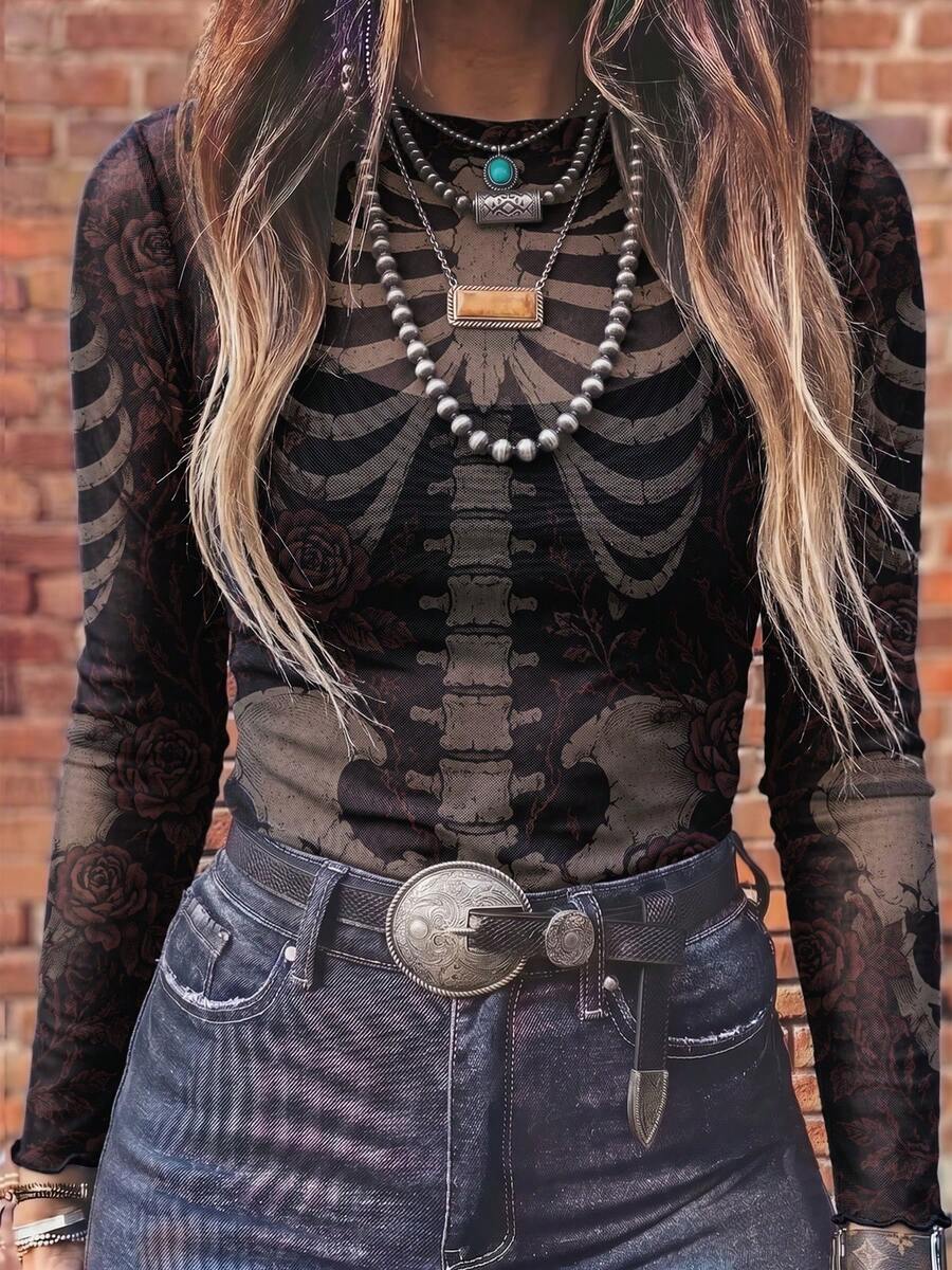 Skeleton Dark Rose Floral Sheer Mesh Long Sleeve Top, Western Cowgirl Slim Fit Crew Neck See Through Rodeo Tee - Multicolor - View 1
