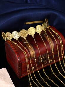 1pc Luxury Gold Coin Headband With Extra Long Tassel Chain, Women's Wedding Decorative Jewelry Tassel Headpiece - Style 2 - View 3