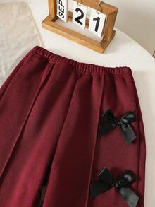 Tween Girl Bow & Letter Print Crew Neck Sweatshirt And Bow Decor Long Pants - Burgundy - View 4